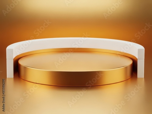 Golden podium with white arch on shiny gold background