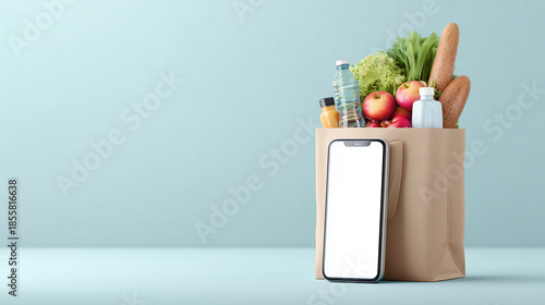 grocery paper bag with fresh produce and smartphone mockup on pastel wall