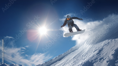 Snowboarder jumping off a powdery slope under bright sun and blue sky
