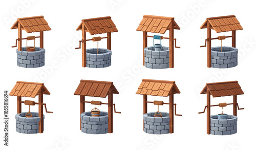 Old rustic water well cartoon vector set with wooden farm wells isolated on white background