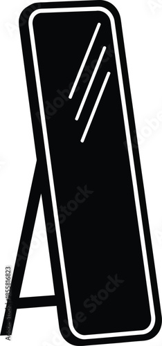 Minimalist black silhouette icon depicting a full-length floor mirror with a stand