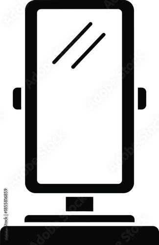 A minimalist black silhouette icon of a standing dressing mirror on a white background.