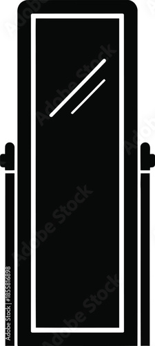 A black silhouette icon illustration of a standing full length mirror for dressing room or bedroom.