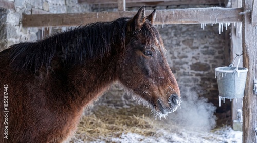 Horse with frost on muzzle standing in stable, depicting winter conditions and the beauty of equine life. Ideal for themes related to winter, animals, or rural lifestyles.