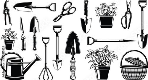 Black garden tools silhouettes set, gardening equipment icons collection, shovel pruner scissors watering can plants isolated vector illustration white background