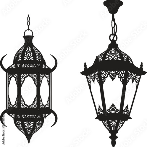 Intricate black lanterns with ornate metalwork and hanging chains
