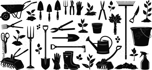 Black gardening tool icon set with wheelbarrow shovel rake watering can pruning equipment silhouettes vector collection for web print design