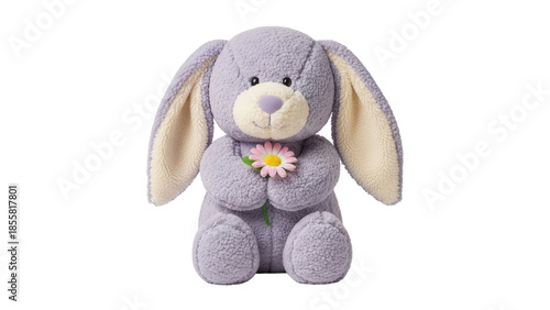 Cuadro en lienzo Isolated stuffed lavender bunny holding pink daisy flower, adorable rabbit plush
