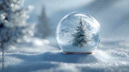 Captivating close up of a miniature snowy evergreen tree inside a sparkling glass snow globe resting on winter frost