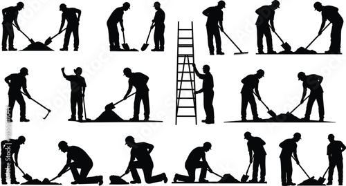 Construction workers silhouettes performing digging shoveling raking tasks teamwork labor industry isolated black figures illustration on white background safety concept