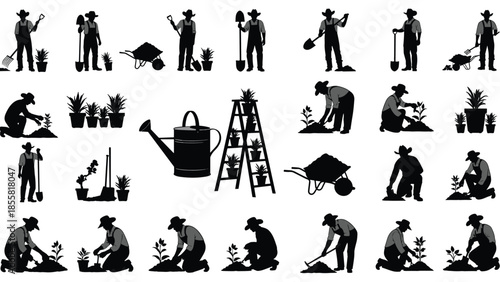 Farmer and gardener silhouettes planting watering digging with tools, agriculture gardening icons set, black vector illustration isolated on white background