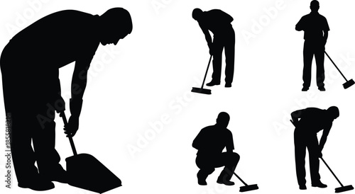 Manual labor worker silhouette set, man cleaning sweeping bending working poses, black vector figures for construction industry design projects illustration
