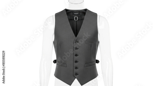 Charcoal gray formal vest with black buttons and adjustable back strap displayed on a mannequin waistcoat