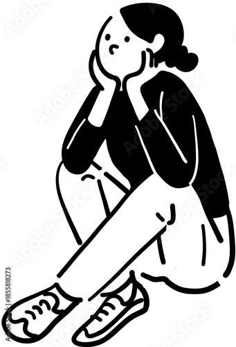 Woman sitting and looking up Line art Vector