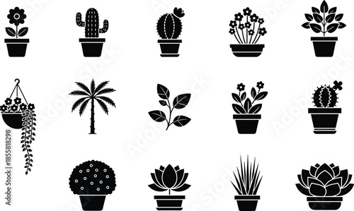 Plant pot icon set, black silhouette houseplants, cactus succulent palm flower hanging plants, isolated white background, vector illustration, minimalist symbols