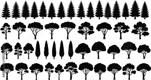 Tree silhouettes collection conifer and deciduous forest trees, black vector icons set isolated on white background illustration nature landscape design