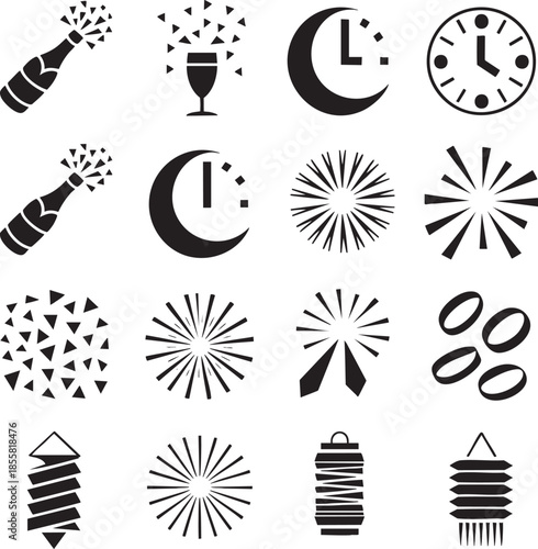 Celebration icons champagne fireworks clocks and party elements in black and white