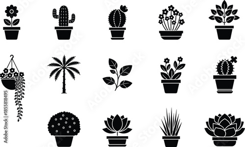 Potted plant silhouettes set cactus flowers palm succulent, black vector icons collection isolated on white background indoor garden botanical design