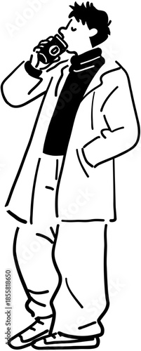 Man drinking coffee Line art Vector