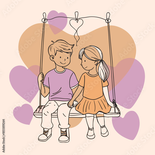 Romantic Boy and Girl Sitting Vector Illustration