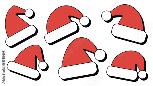 Vibrant Santa hats in various positions on white background