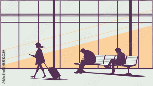 Travelers waiting at airport terminal with large windows