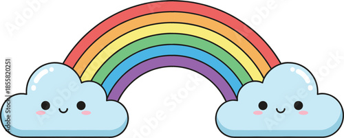  Cute kawaii rainbow vector illustration with two happy smiling clouds and colorful arc isolated on white for children nursery decor and baby shower design.