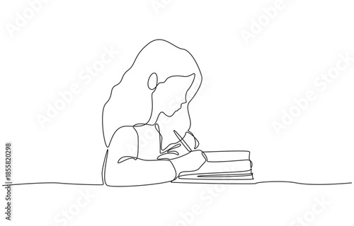 Continuous one line drawing of girl writing in homework notebook, symbolizing concentration, learning, and education, single line art.