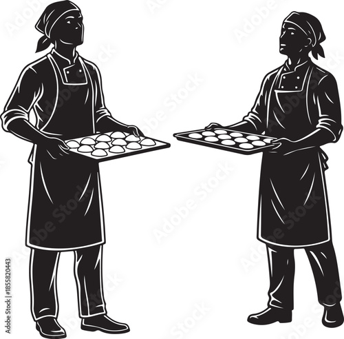 Black and White Illustration of Two Bakers Holding Trays of Dough