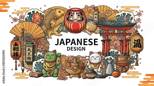 Japanese Culture Illustration – Hand Drawn Vintage Design with Daruma Doll Torii Gate Maneki Neko and Traditional Symbols