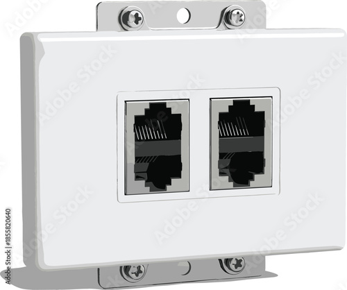  White plastic dual port ethernet network wall plate vector illustration for internet connectivity data transfer telecommunications and home office wiring isolated on white.