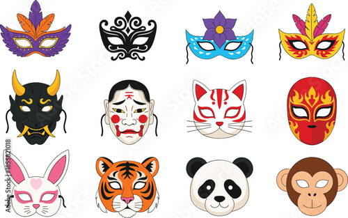 Colorful collection of carnival masks including masquerade styles, traditional theatrical characters, animal faces like panda and tiger, and decorative festival headwear isolated on white.