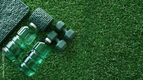 On the background of artificial grass, a pair of dumbbells and a bottle of water. The concept of a healthy lifestyle and sports.