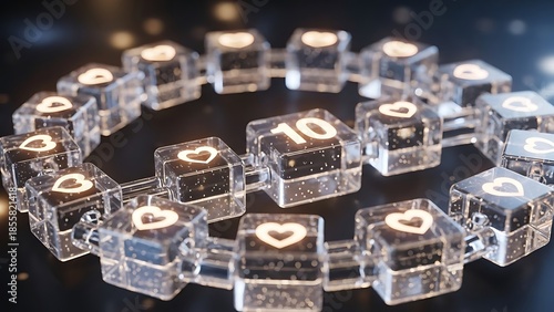 A circular arrangement of transparent dice with heart symbols and numbers