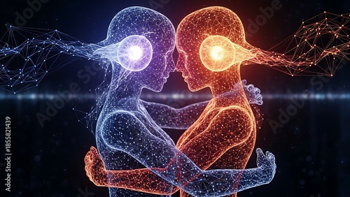 Vibrant digital art of two glowing human figures embracing