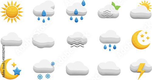 Comprehensive weather forecast icon set featuring sun, rain clouds, thunder, snow, moon, stars, and wind symbols for meteorology applications and climate reporting isolated on white.