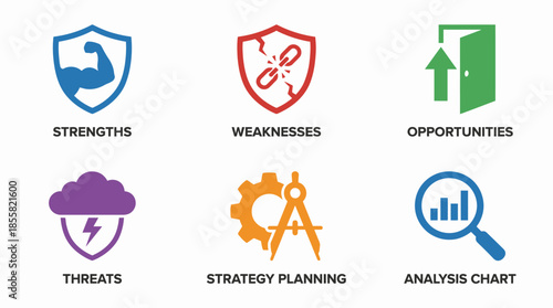 Vector Icons Set of SWOT Analysis Icons Strengths Weaknesses Opportunities Threats Strategy Planning and Analysis Chart. Vector Illustration. EPS Editable