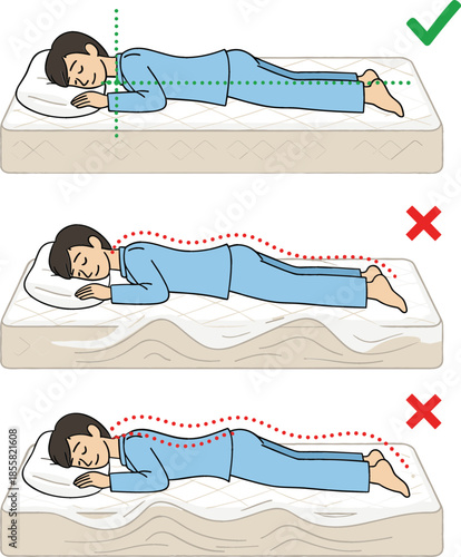 Infographic showing correct and incorrect sleeping postures on a mattress with spine alignment diagrams for orthopedic health back pain prevention and quality sleep.