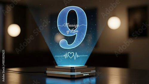 Glowing blue illuminated number 9 decorative object with heart ecg design