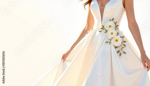 Elegant woman wearing a bridal dress with floral accents in sunlight  