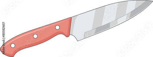 Sharp stainless steel professional chef knife with red handle vector illustration for kitchen cooking culinary arts food preparation and restaurant equipment isolated on white.