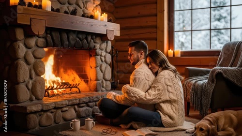 Cozy Winter Escape: A Couple Snuggled by the Fireplace in a Rustic Cabin Retreat