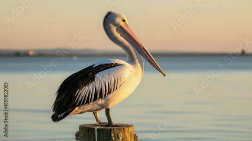 Graceful Pelican Perched on Wooden Post at Sunset, Calm Waters Reflecting Golden Light and soft