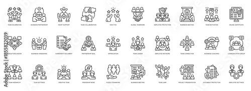 Business partnership icon collection line style. containing Team Celebration, Business partnership, Heart Support, Team Collaboration, Teamwork, Global Teamwork, Employee Protection