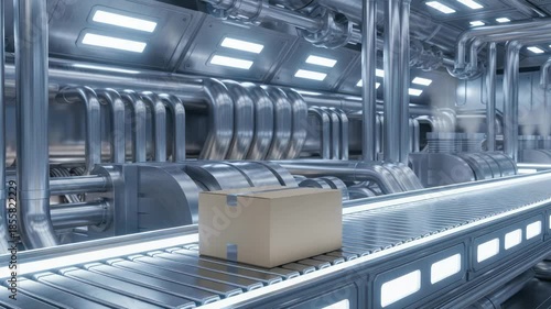 Modern automated factory assembly line with packages, futuristic industrial background for
