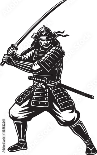 Japanese Samurai Warrior in Armor Holding Katana Sword Vector Graphic