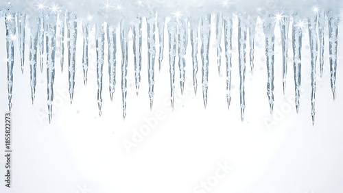 Translucent icicles hang, sparkling with light, against a softly lit white background, suggesting frost and cold