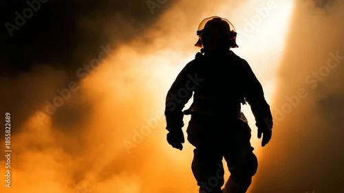 Brave firefighter silhouette emerging from smoke
