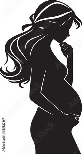 Black silhouette of pregnant woman holding belly isolated on white background