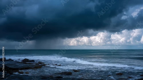 Dark storm clouds forming over ocean horizon